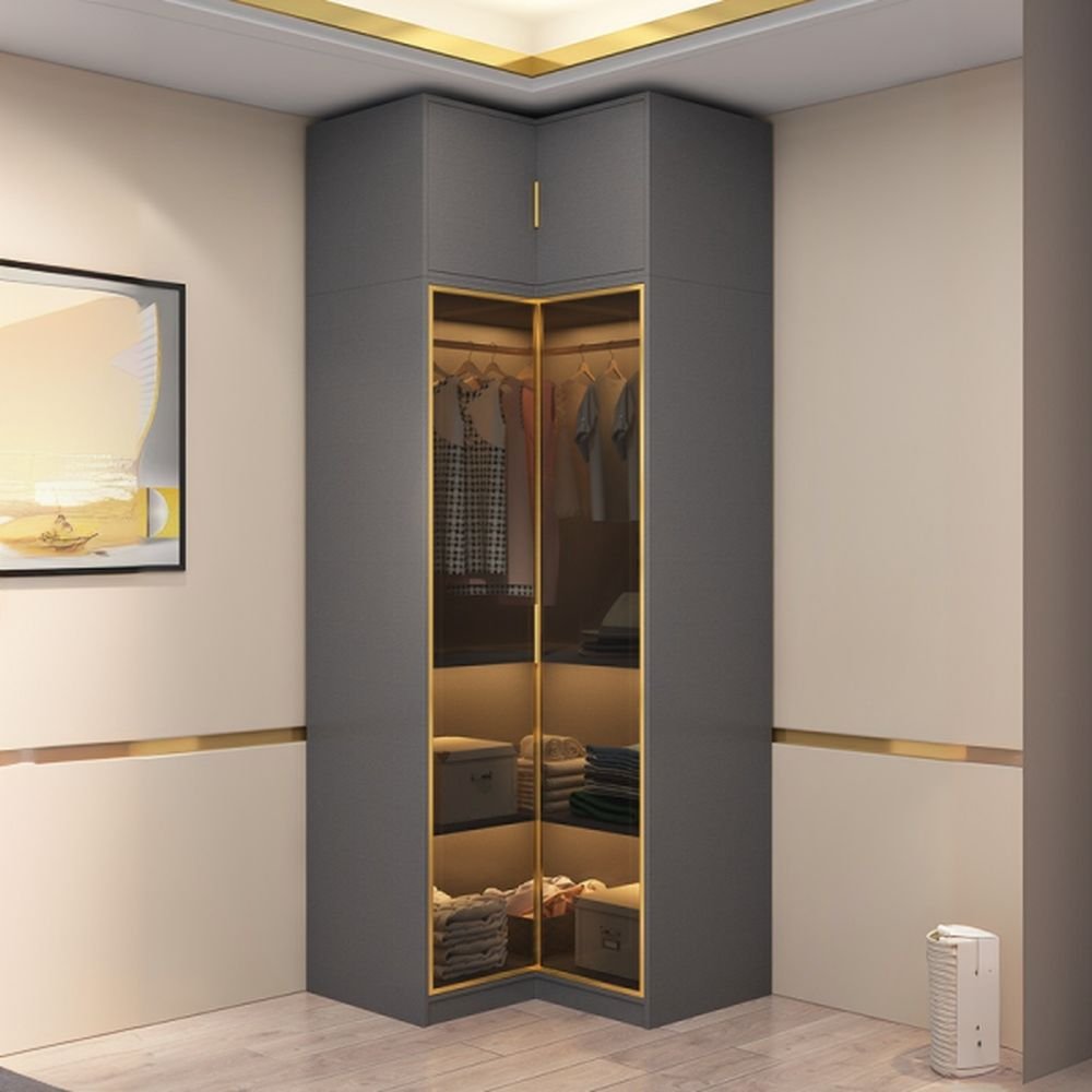 Storm Gray Minimalist Laminate Cabinet Armoire with Soft Close Drawer, Soft Close Glass Door, Interior Shelves, and Clothing Rod - Image 6