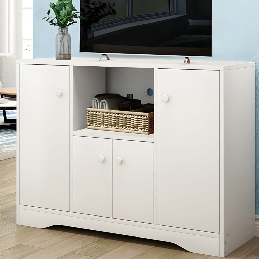 1200x1200 118 Elegant Tall White Wood TV Stand with 2 Drawers and Cabinets, 40 inch Compact High Media Console for Bedroom and Small Living Room