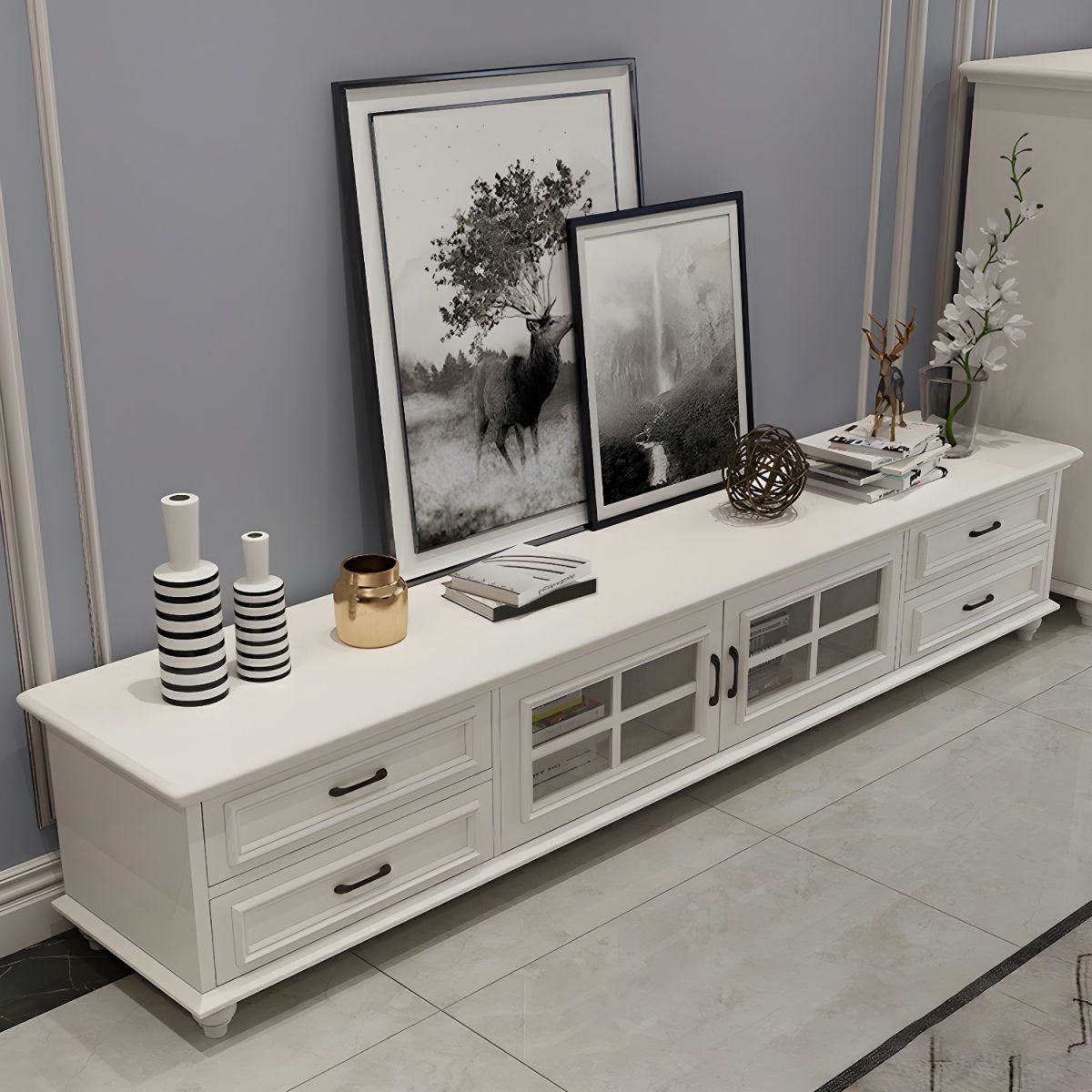 2 Tiers & 2-Door Rectangle Matte Solid Wood+Manufactured Wood Adjustable Shelf TV Stand for Living Room - Image 10