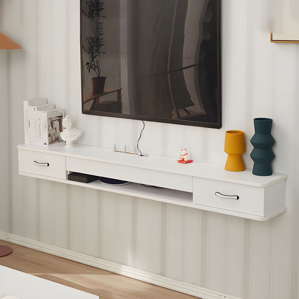 Modern Wall-Mounted White TV Media Console with Cable Management and 2-Drawer - Image 2