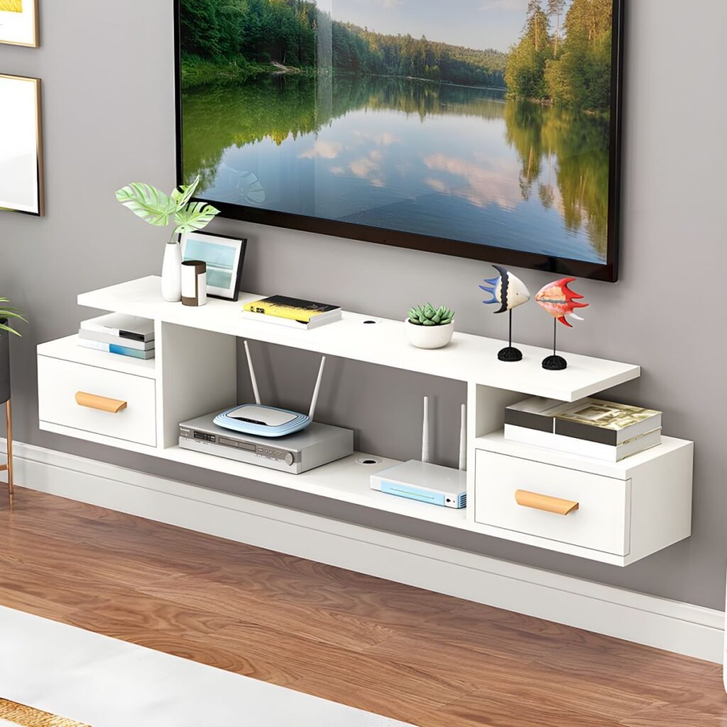 1200x1200 123 Sleek Floating Media Shelf with 2 Drawers, 47 inch Vibrant Wall Mounted TV Stand for Modern Compact Living