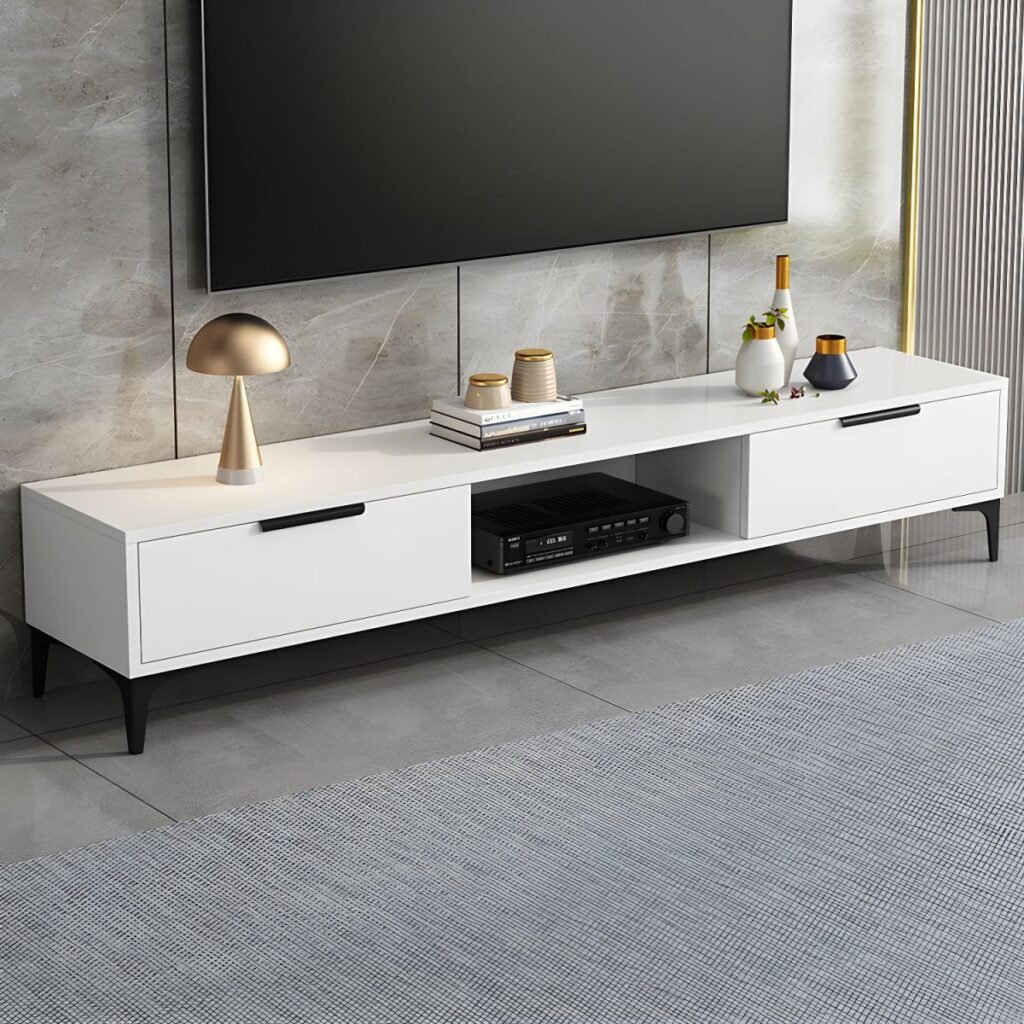 1200x1200 126 Sleek Two Tone Media Console with Central Open Shelf, 47 inch Contemporary Grey and White TV Stand for Modern Apartments