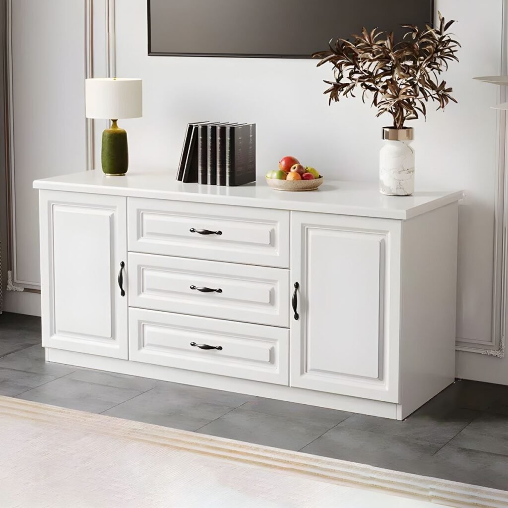 1200x1200 127 Classic White Compact TV Stand with 3 Drawers, 39 inch Charming European Media Console for Cozy Bedroom Luxury