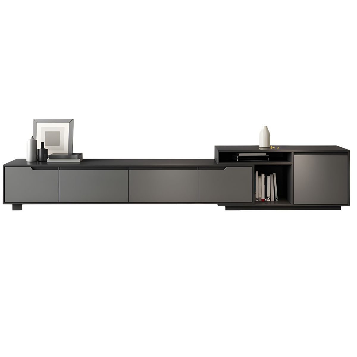 Dove Grey Minimalist Wooden TV Stand with Shelf, 2-Drawer, Closet, and Open-air Storage - Image 2