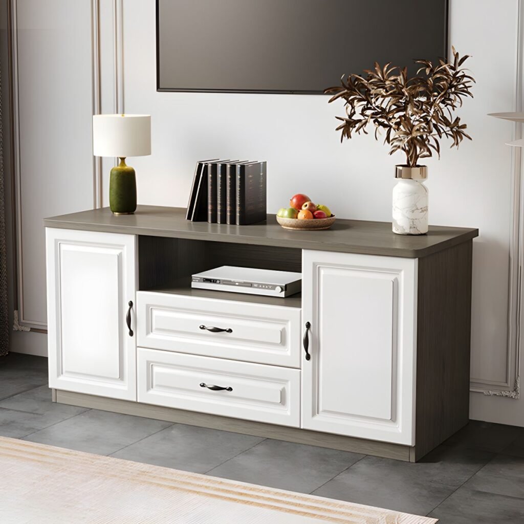 1200x1200 135 Modern Paneled Door Media Base with Drawers, Charming 63 inch Mid-Height Entertainment Center for Upscale Homes