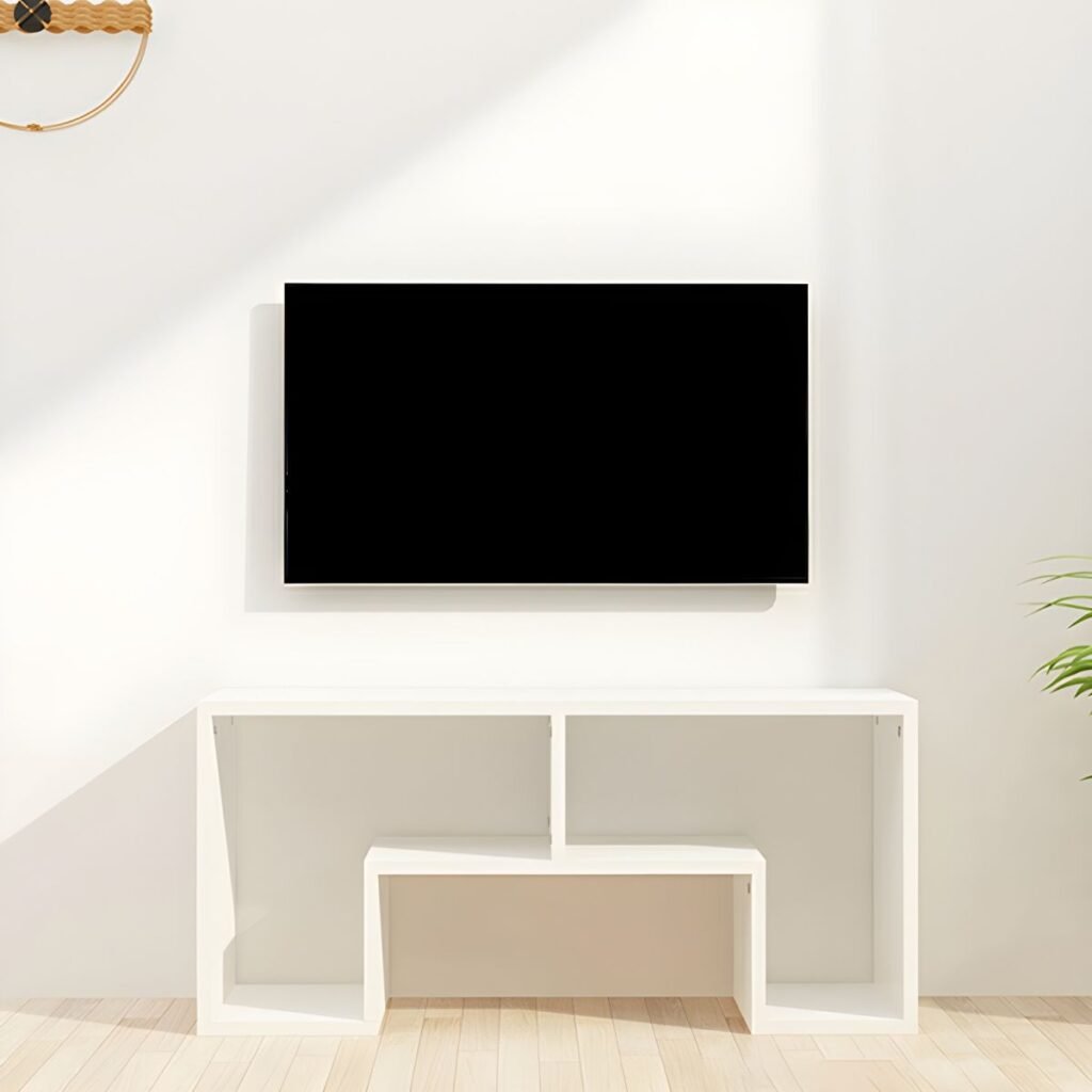 1200x1200 136 Open Frame White TV Console, Vibrant 55 inch Low Profile Media Stand for Modern Minimalist Homes