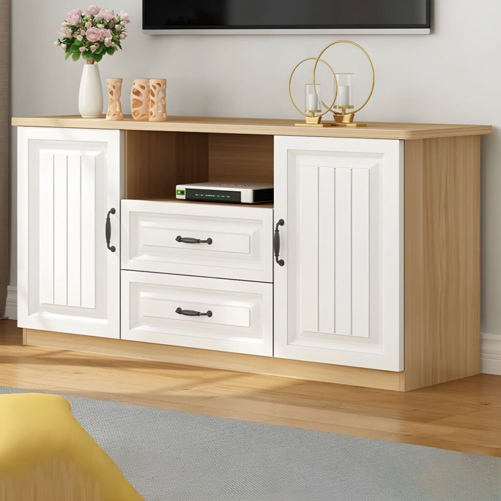 1200x1200 137 Scandi Wood Paneled Media Base with Drawers, Charming 63 inch Mid-Height Console for Cozy Living