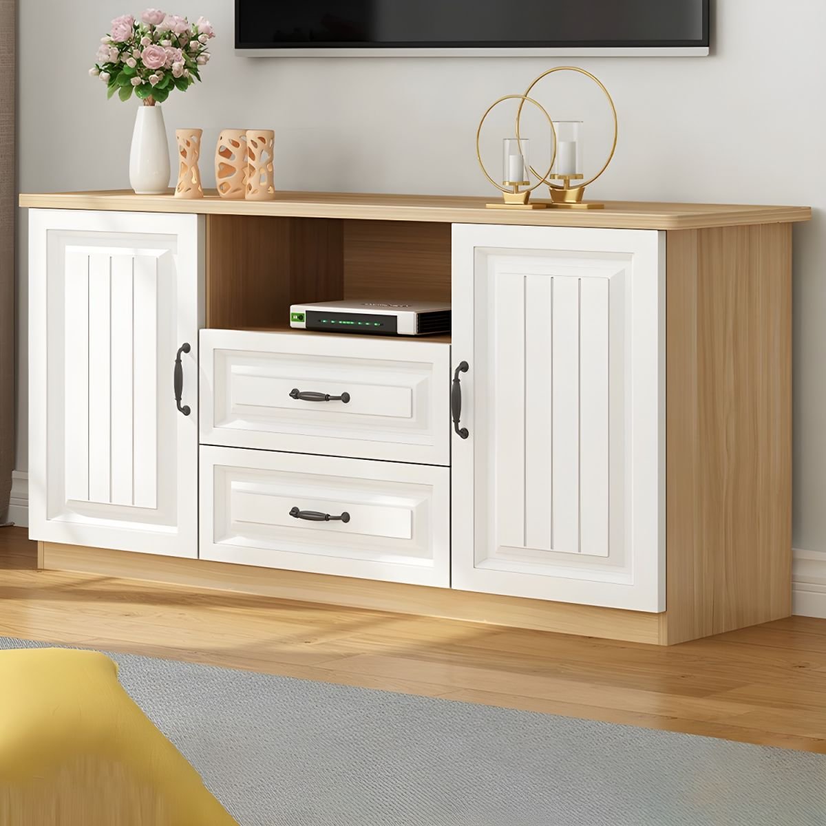 Simplistic Lumber TV Stand with Shelf, 2 Drawers, and 4 Cabinets Featuring Accessible Storage - Image 15