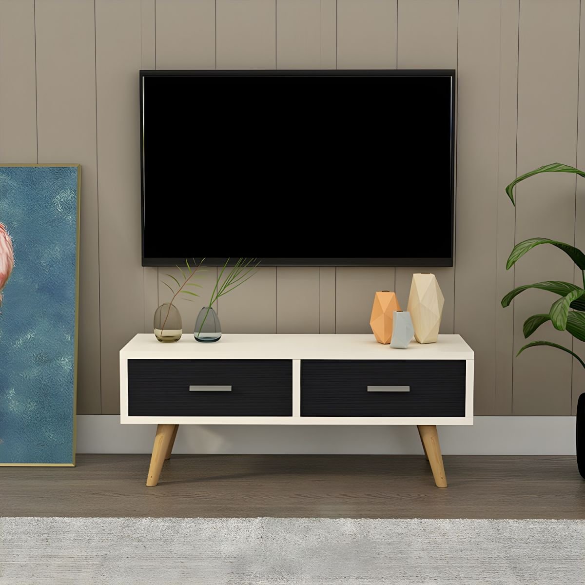 Wood TV Stand Console in Wood with Storage Drawers and Metal Legs Glam - Image 2