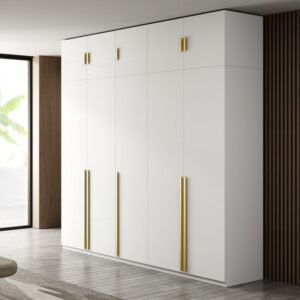 Elegant Full-Wall White Armoire with 101.5″ Floor-to-Ceiling Height and Integrated Side Drawers for a Divine Bedroom