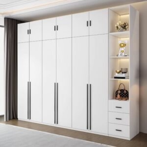 Breathtaking Radiant White Wardrobe with 101.5″ Ceiling-High Design and Integrated LED Lighting for a Serene Bedroom