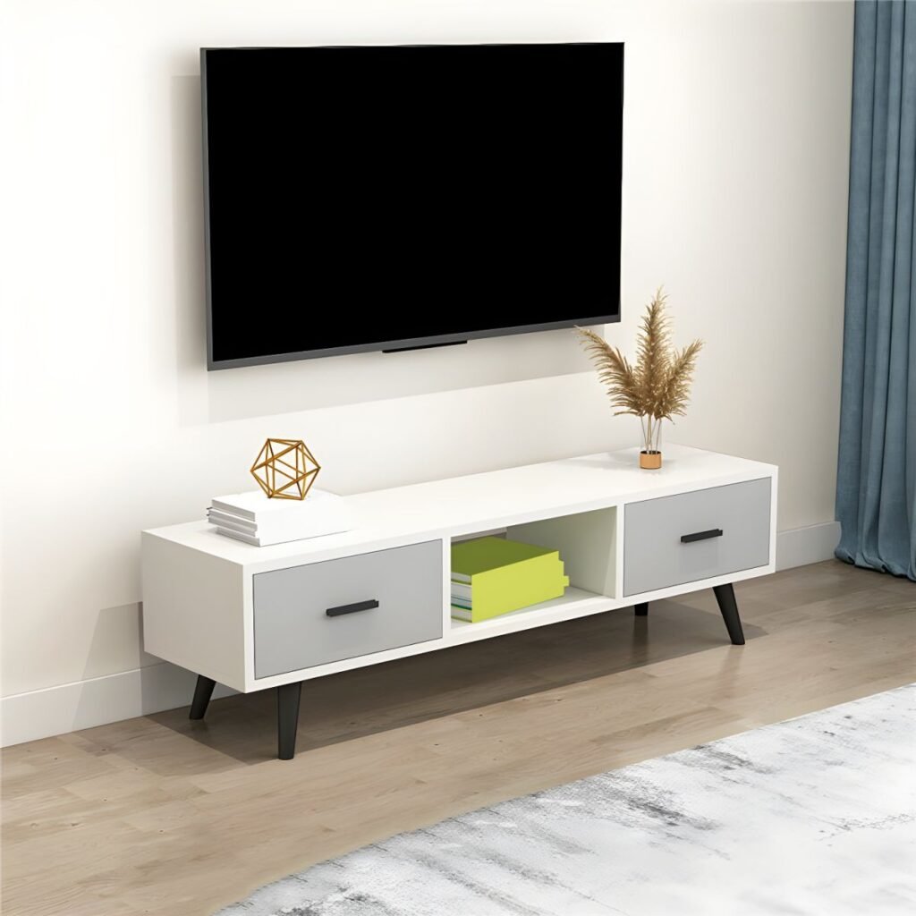 1200x1200 155 Modern Minimalist Media Shelf with 2 Drawers, Charming 63 inch Center Open Console for Stylish Living