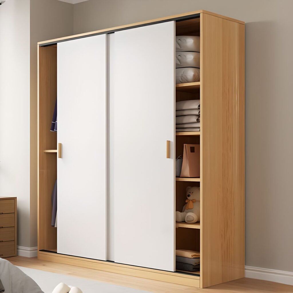 1200x1200 20 Natural Finish Modish Pine Wood Wardrobe Closet with 2 Soft Close Doors, Interior Shelves, and Clothing Rod Armoire