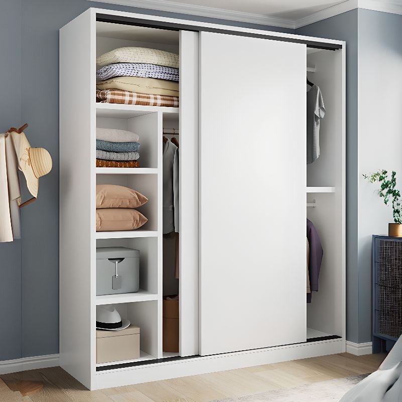 White Minimalist Manufactured Wood Wardrobe Closet with 2 Drawers, Interior Shelves, and Clothing Rod - Image 8