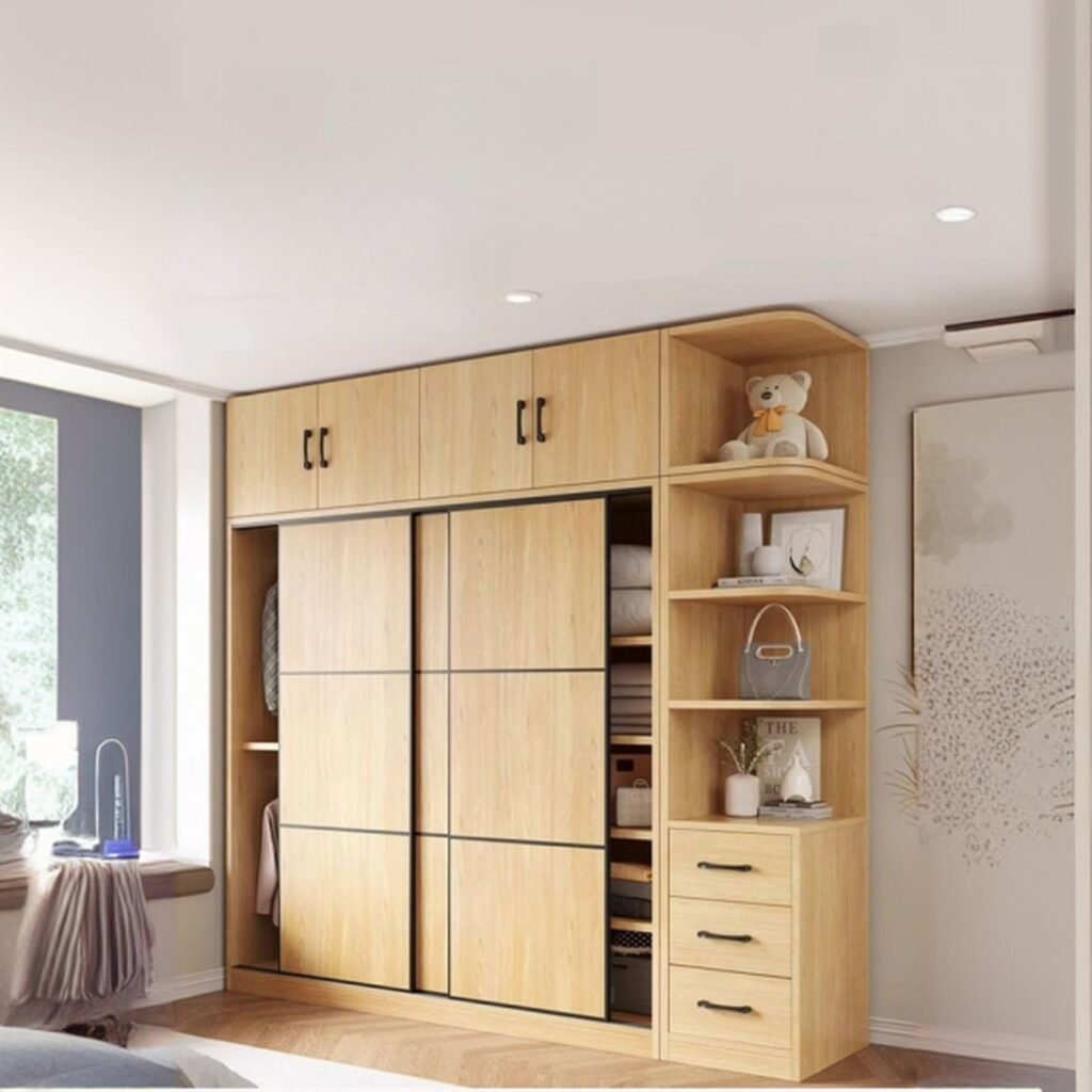 1200x1200 33 Majestic Natural Wood Sliding Door Closet with Top Storage & Side Drawers - Premium 79" to 94.5" Modular Wardrobe in 16 Sizes