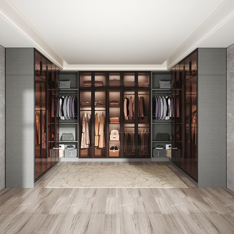 Elegant Dark Grey Glass Wardrobe with Integrated LED Lighting, 96" High Luxury Armoire featuring 3C Tempered Glass & Soft-Close Drawers - Image 2