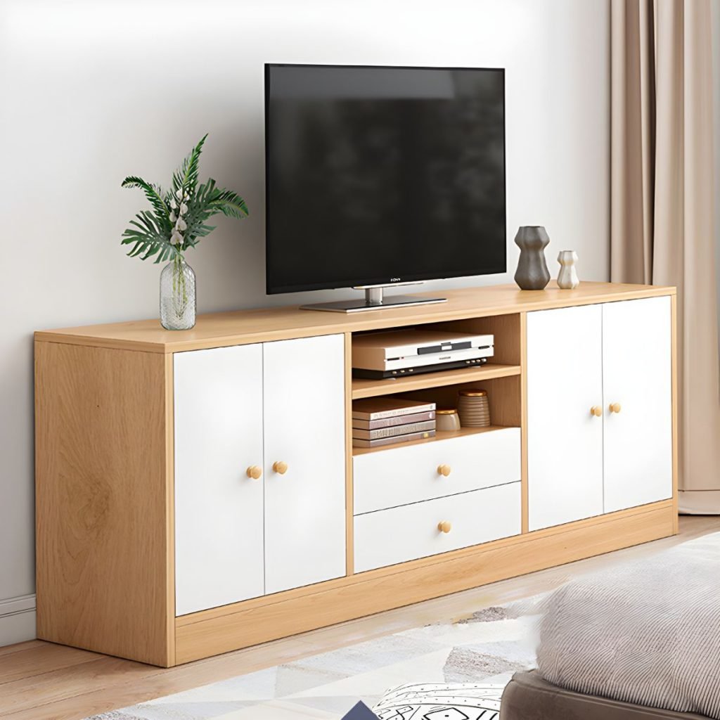 Apexerahomelife Natural Wood Media Console 120cm, showing a deep wood grain floor-standing design with side drawers and a central flap door.