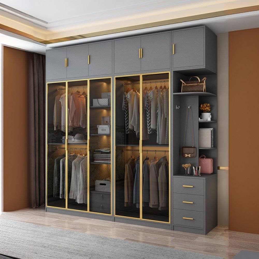 Storm Gray Minimalist Laminate Cabinet Armoire with Soft Close Drawer, Soft Close Glass Door, Interior Shelves, and Clothing Rod - Image 2