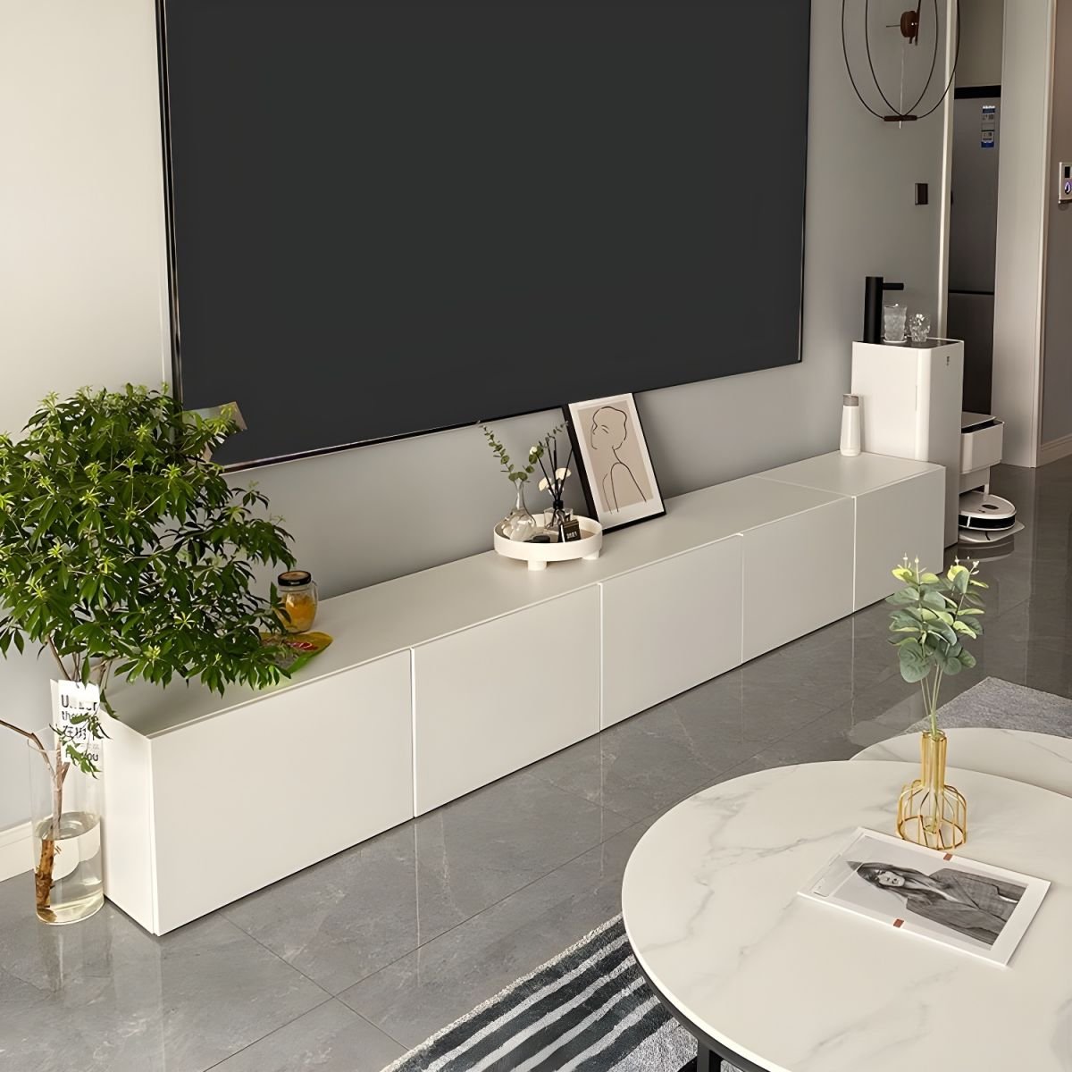 White Art Deco Wooden TV Stand with 4/3 Drawers and Cable Management - Image 3