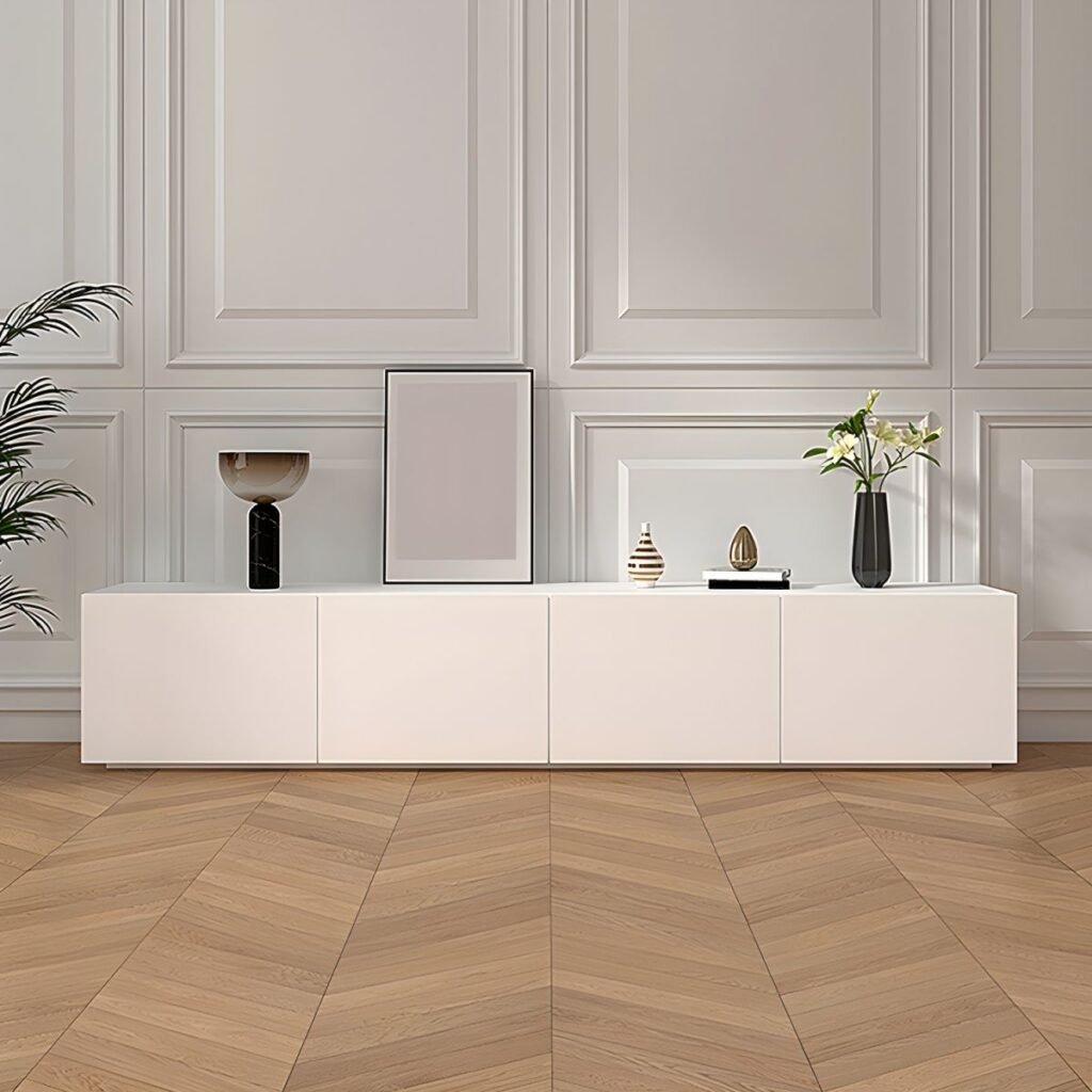 1200x12001 124 Sleek Modern White TV Console with 86.5-inch Handless Cabinet Storage, Sophisticated Eco-Friendly E0 Media Stand for Luxury Living