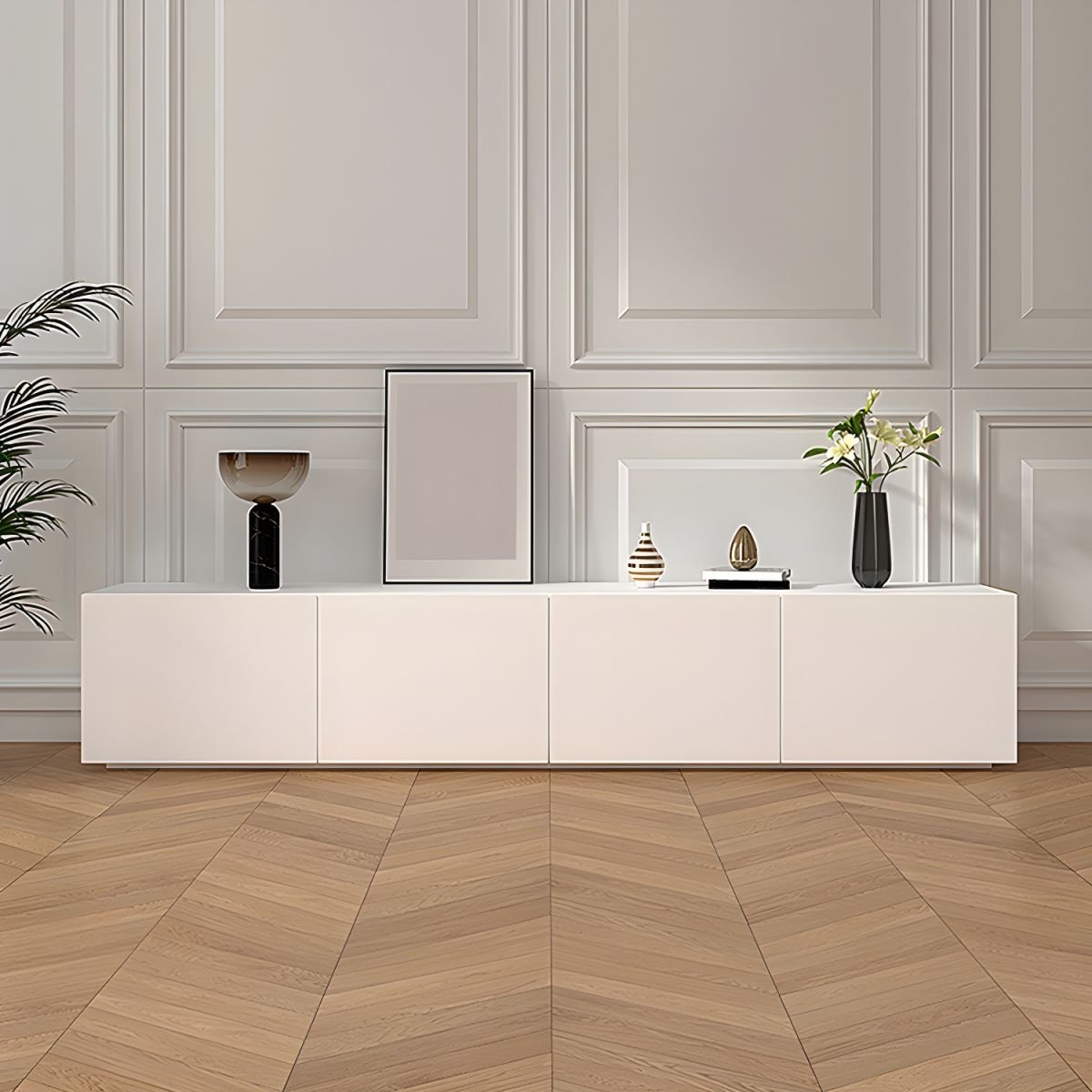 White Art Deco Wooden TV Stand with 4/3 Drawers and Cable Management - Image 2