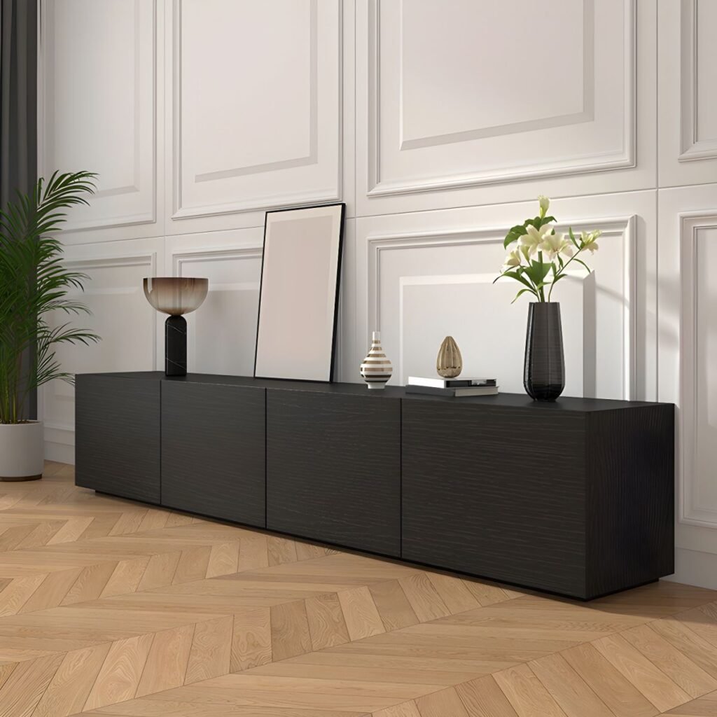 1200x12001 125 Sophisticated Black Wood TV Stand with 4 Hidden Handle Drawers, 86.5-inch Modern Minimalist Media Console for Large Screen TVs