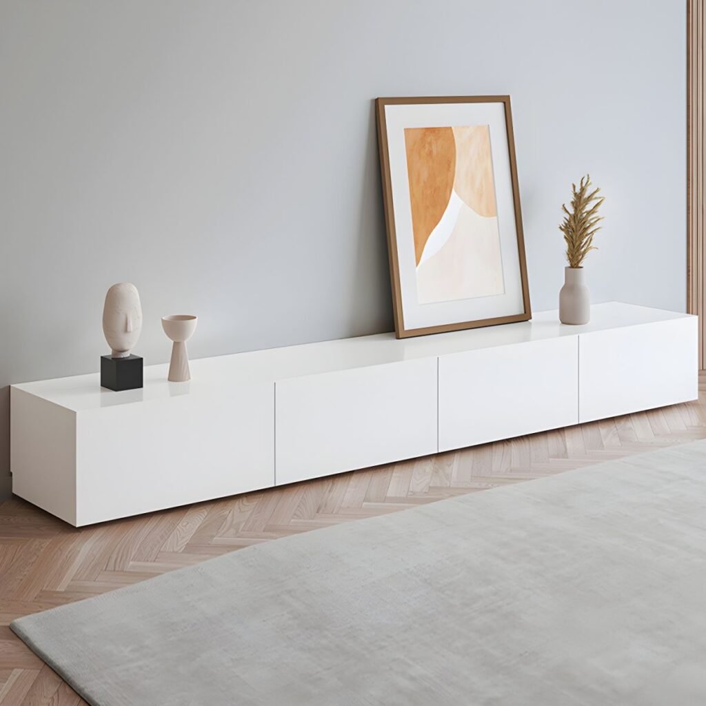 1200x12001 126 Chic 59 inch White Media Console with Gas Strut Drop-down Door, Modern Minimalist TV Stand featuring 2 Hidden Handle Drawers