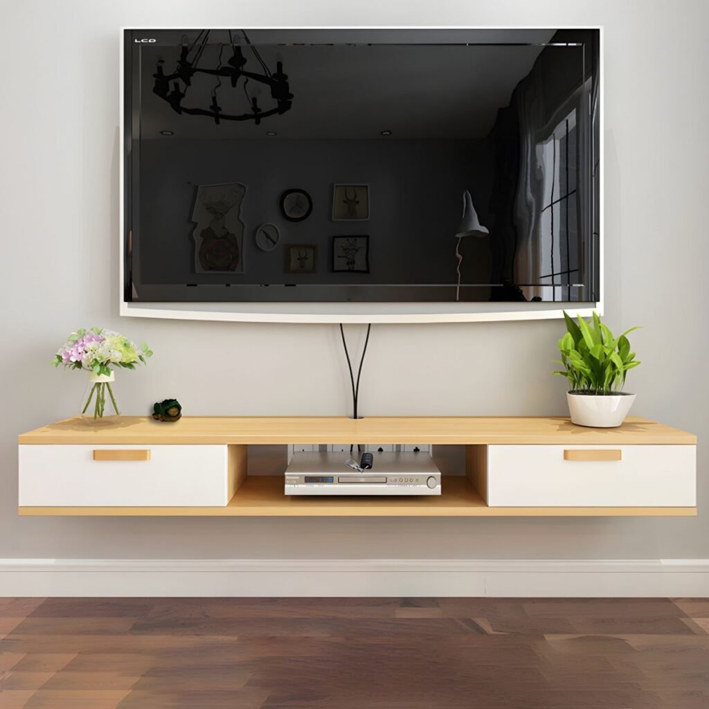 1200x12001 129 Natural Color Lumber TV Stand with Exposed Storage, Shelf, 2-Drawer & Cable Management
