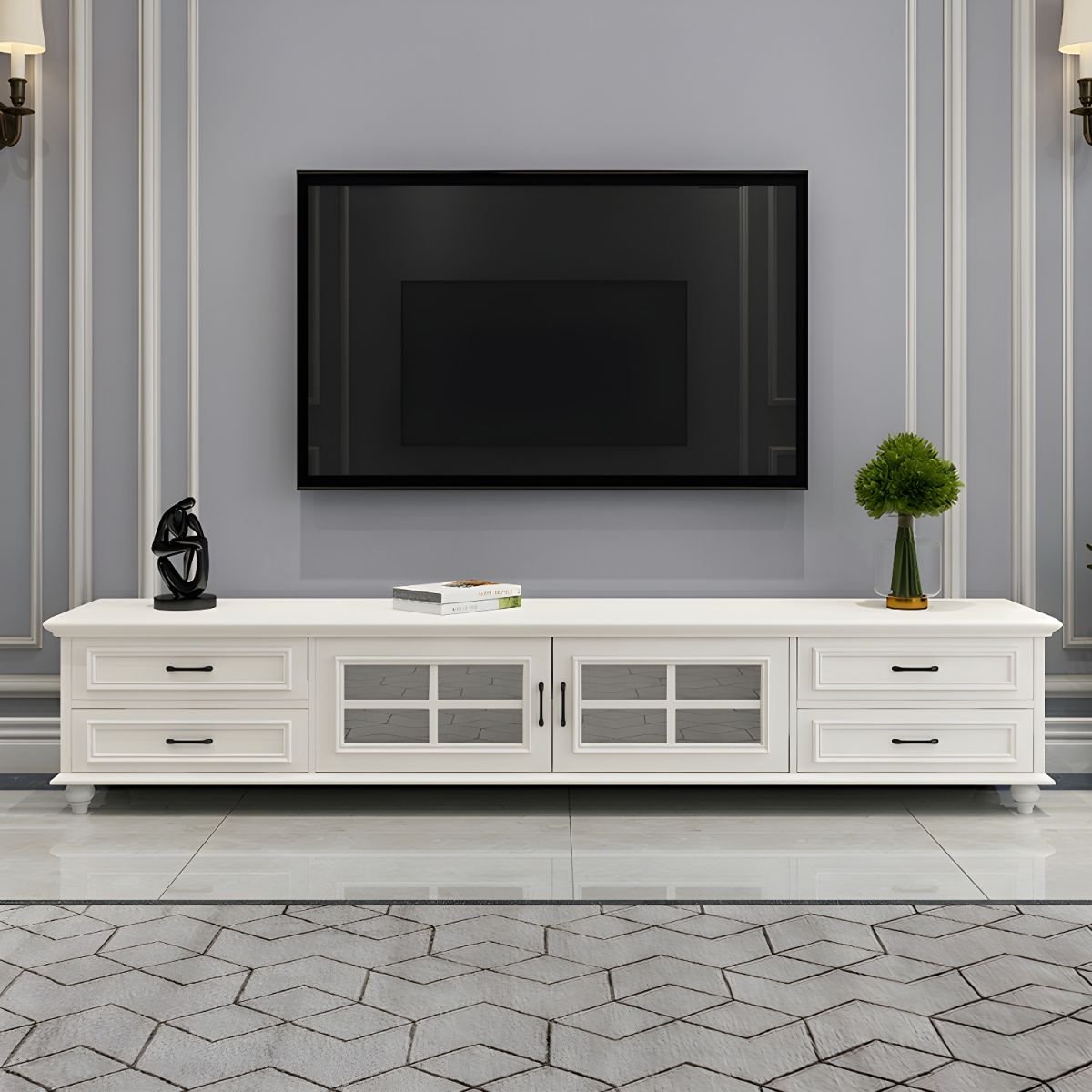 2 Tiers & 2-Door Rectangle Matte Solid Wood+Manufactured Wood Adjustable Shelf TV Stand for Living Room - Image 2