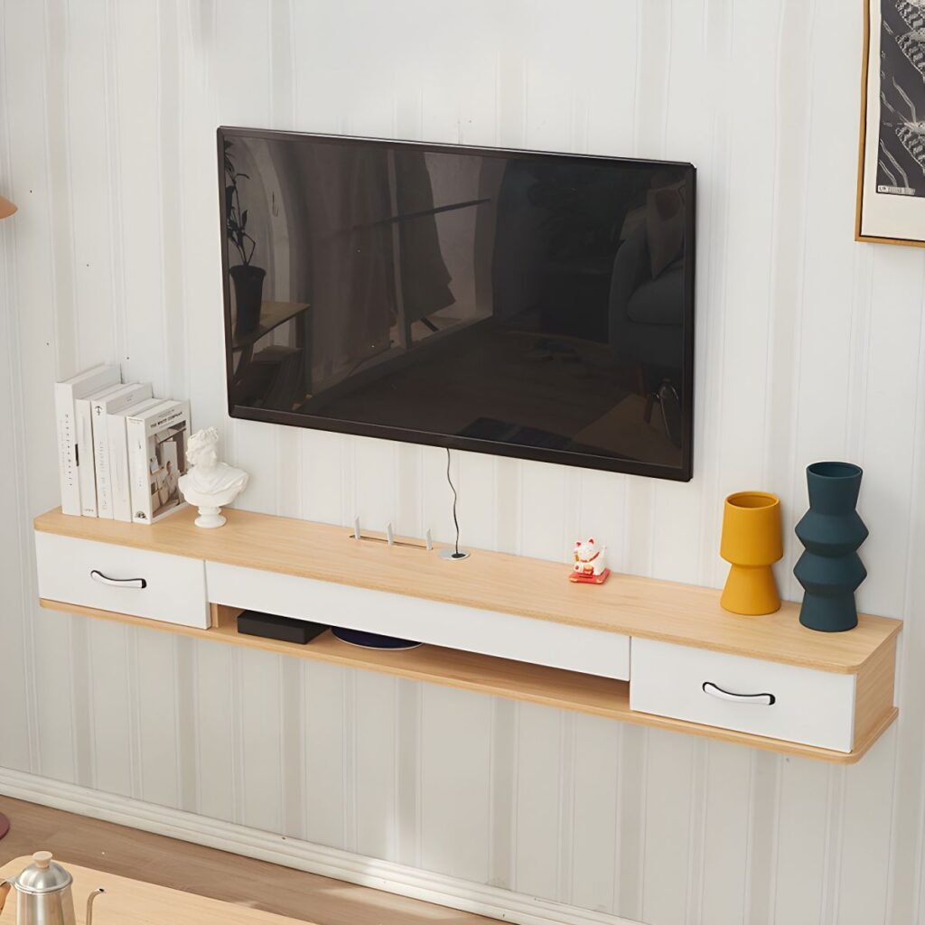 1200x12001 131 Sleek Floating Grey White TV Stand with 2 Drawers, 40 inch Wall Mounted Media Console in Tricolor Wood Finish