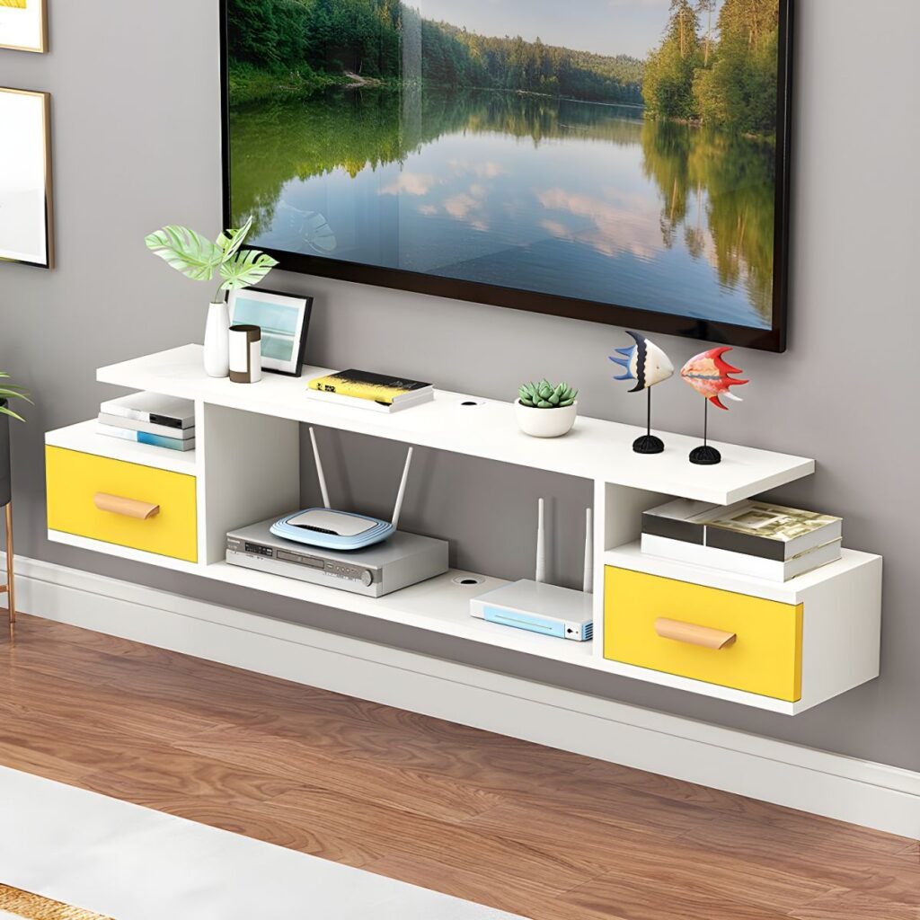 1200x12001 133 Sleek Floating Media Shelf with 2 Drawers, 47 inch Vibrant Wall Mounted TV Stand for Modern Compact Living
