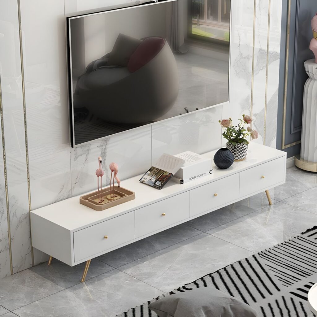 1200x12001 134 Elegant White 4 Drawer TV Stand featuring Modern Minimalist Design, 79 inch Large Media Console for Luxury Living