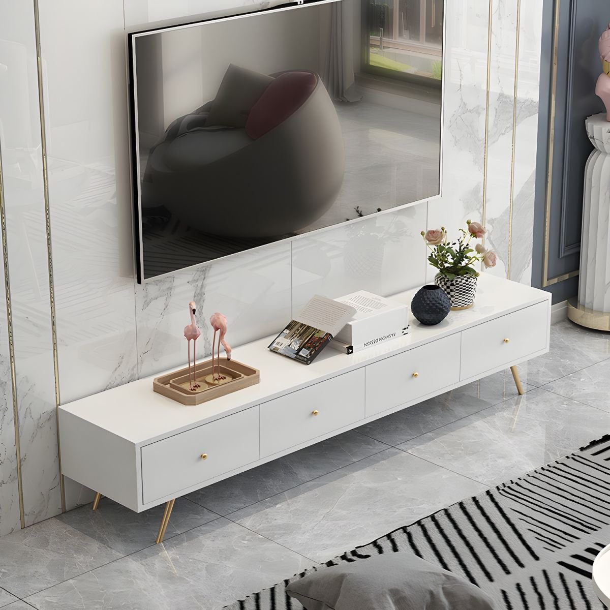 Contemporary Solid+Manufactured Wood TV Stand with 4 Drawers, Closet, and Cable Management - Image 2