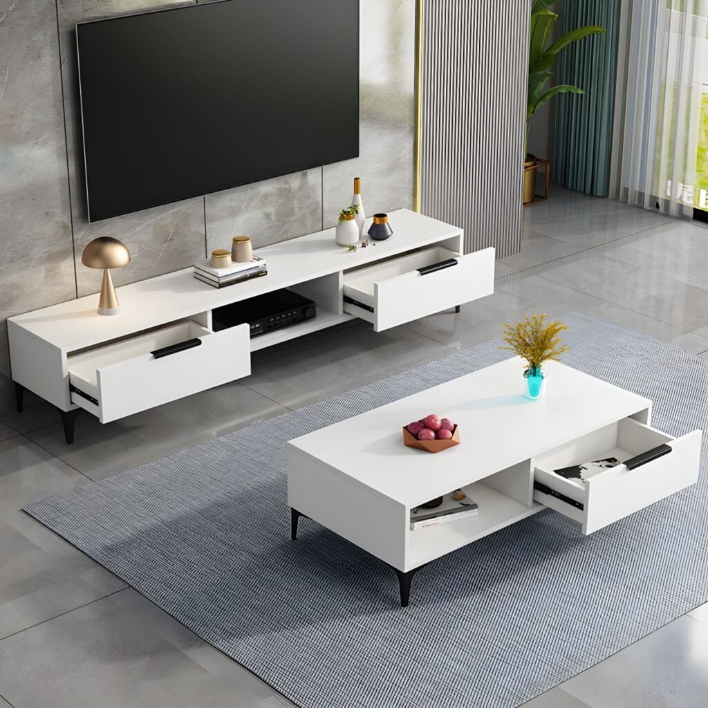 1200x12001 135 Grey White Small TV Console with Open Shelf, 47 inch Modern Two-Tone Media Stand for Cozy Living Spaces