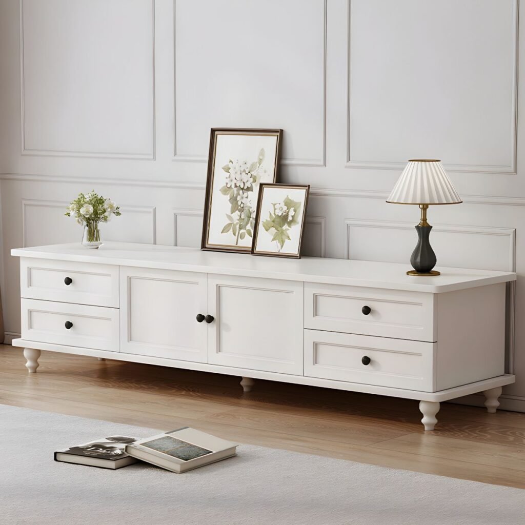 1200x12001 136 Elegant European White TV Stand with 4 Drawers and Soft Close Doors, 55 inch Charming Media Center for French Style Living