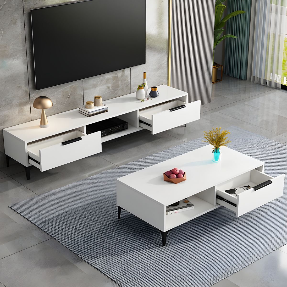 Ivory Wood TV Stand with Shelf, 2 Drawers, 2 Cabinets, Cable Management, and Visible Storage - Image 2