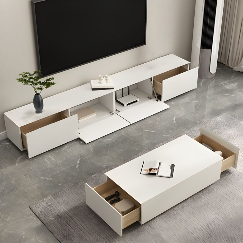 1200x12001 140 Ultra Sleek White TV Console with Gas Lift Flap Door, 59-94 inch Versatile Media Base for Modern Large Living Rooms