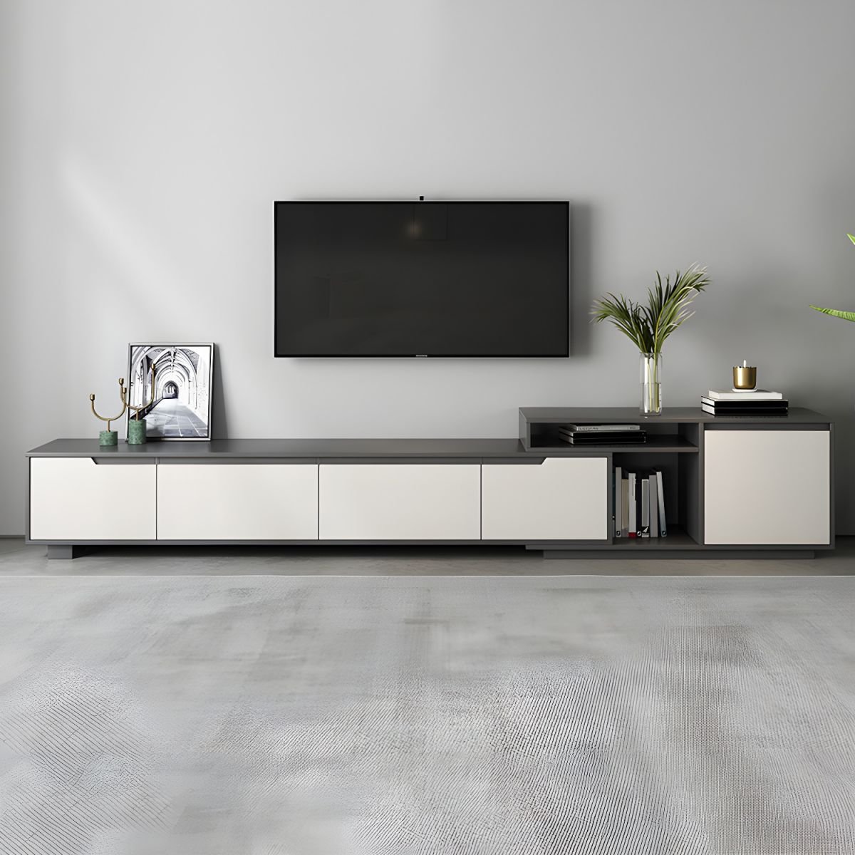 Dove Grey Minimalist Wooden TV Stand with Shelf, 2-Drawer, Closet, and Open-air Storage - Image 3