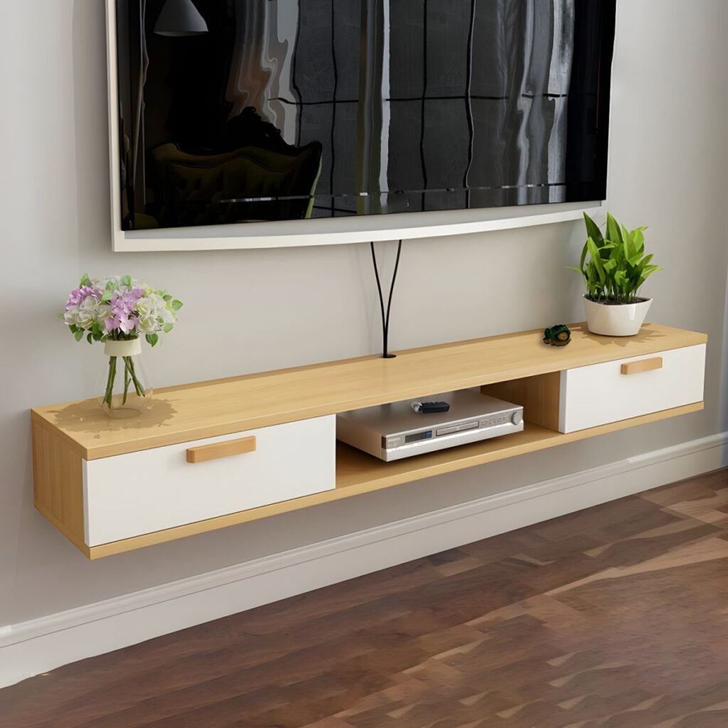 1200x12001 143 Modern Oak White Floating Console with Open Shelf, 39 inch Charming Wood Tone Wall Mounted Media Center
