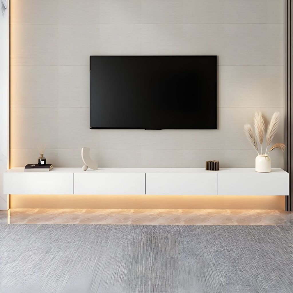 1200x12001 146 Sleek White Floating TV Stand with 2 Drawers, Stunning 71 inch Wall Mounted Media Console for Modern Luxury Spaces