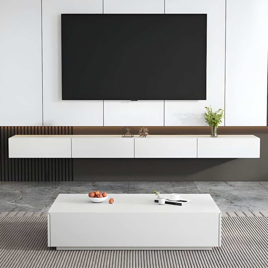 1200x12001 148 Floating White Media Console with 2 Drawers, Stunning 94 inch Wall Mounted Entertainment Unit for Modern Living
