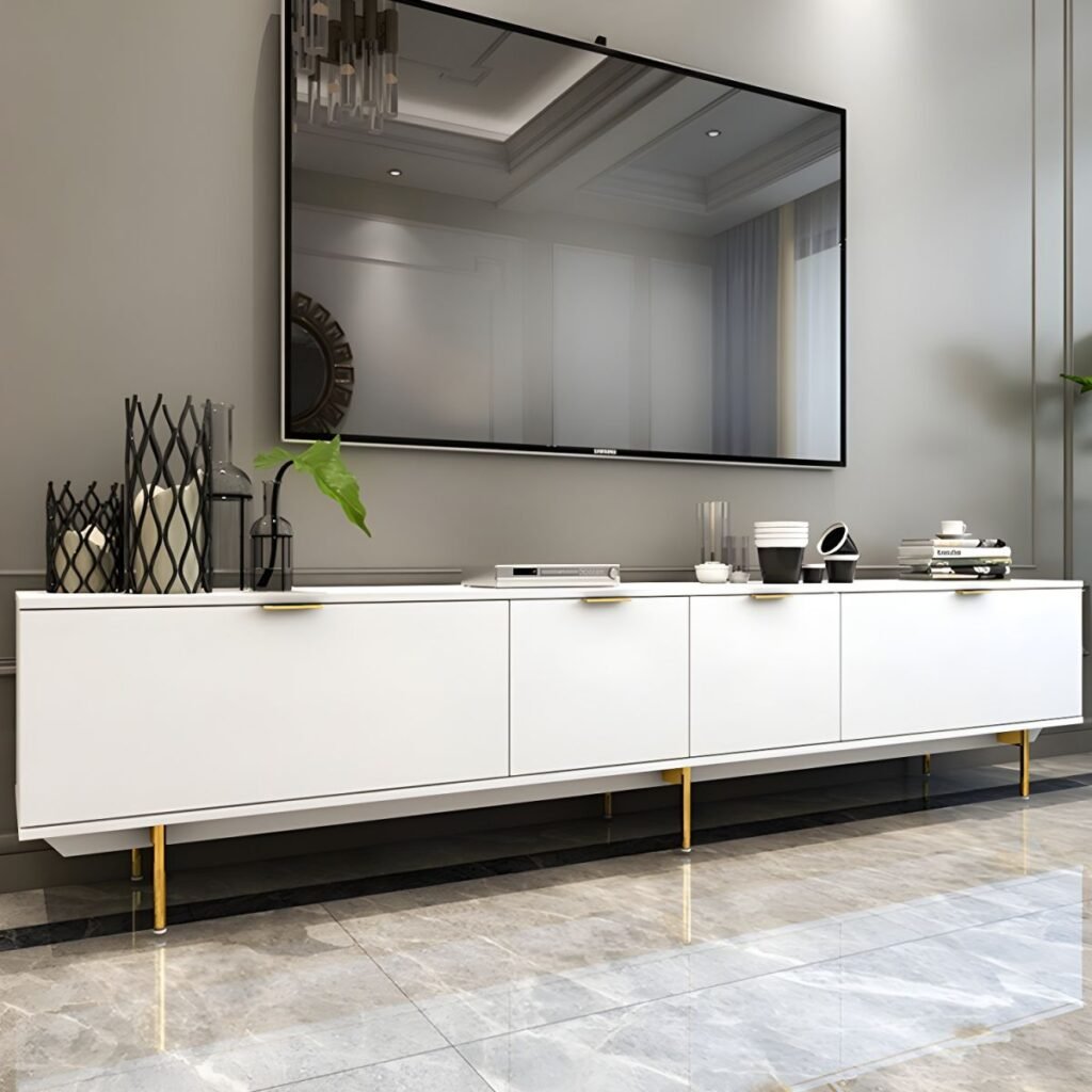 1200x12001 157 Modern White Gold TV Stand with 3 Drawers, Stunning 79 inch Media Center with Elegant Tapered Legs