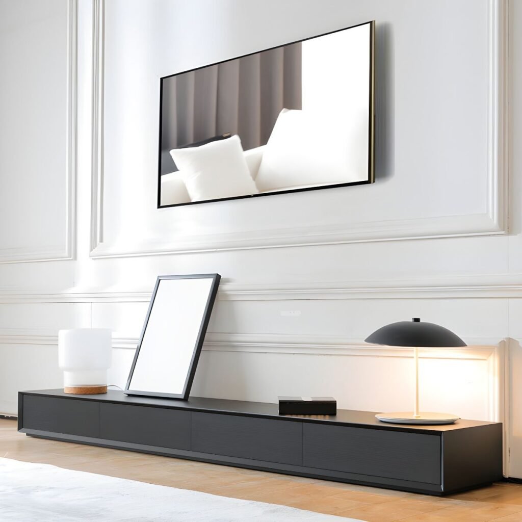 1200x12001 158 Black Wood Grain Media Base with 4 Drawers, Bold 71 inch Low Profile TV Console for Modern Living