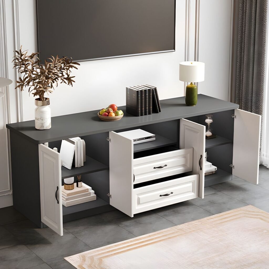 1200x12001 161 Modern Paneled Door Media Base with Drawers, Charming 63 inch Mid-Height Entertainment Center for Upscale Homes