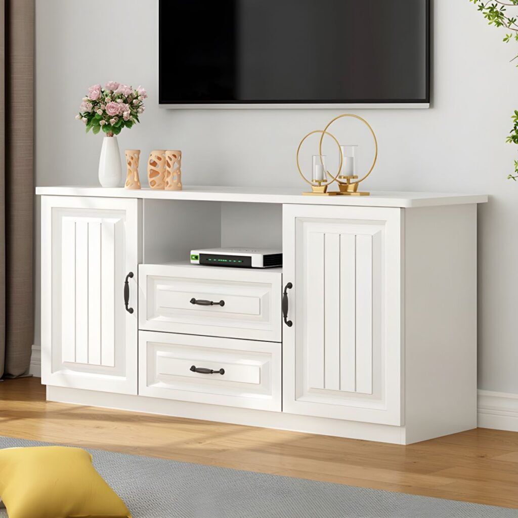 1200x12001 163 Scandi Wood Paneled Media Base with Drawers, Charming 63 inch Mid-Height Console for Cozy Living