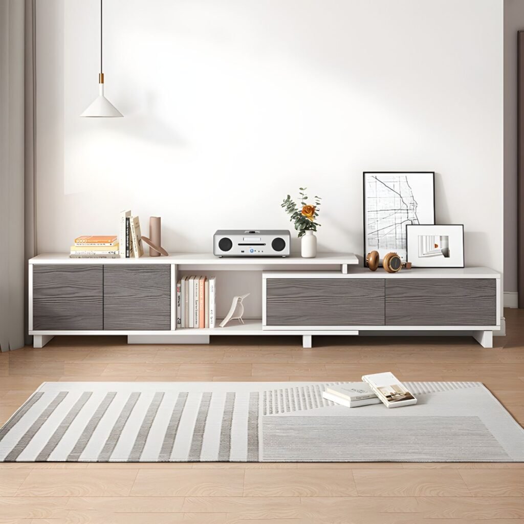 1200x12001 168 Durable Cocoa Art Deco Rectangular Wood TV Stand with 3 Drawers and Cable Management Console