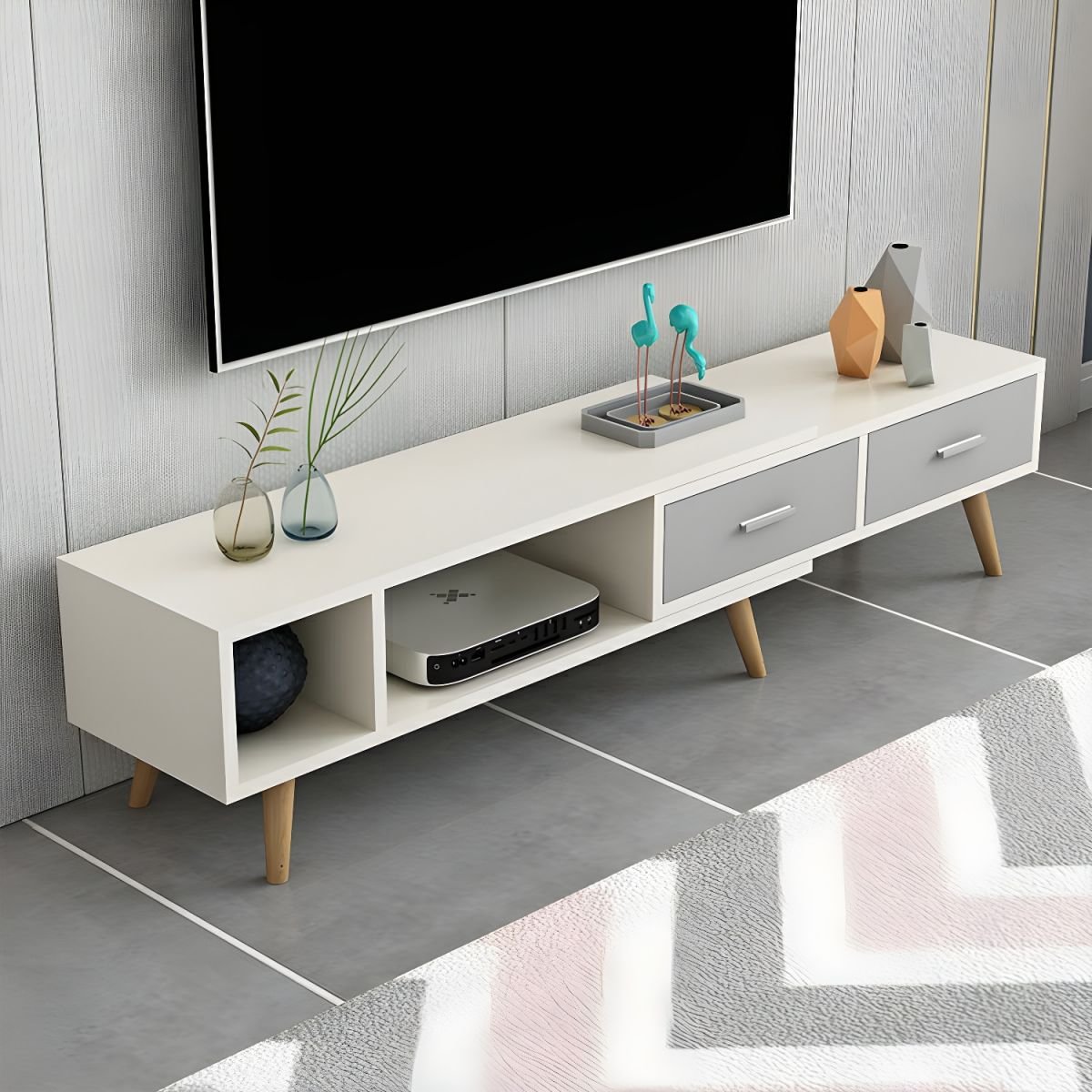 Wood TV Stand Console in Wood with Storage Drawers and Metal Legs Glam - Image 3
