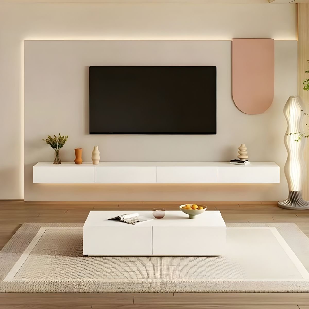 Art Deco Wooden TV Stand with Shelf, 2 Drawers, 2 Cabinets, and Cable Management - Image 3