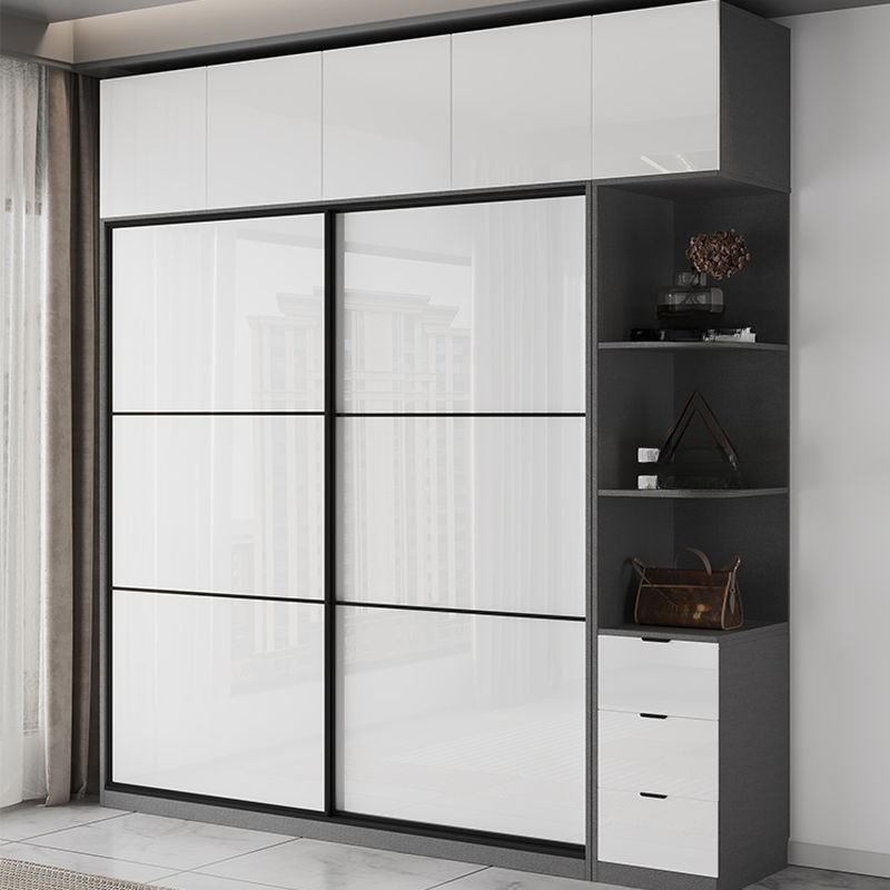 Exquisite Anthracite Fusion – Radiant 94.5-Inch Hybrid Wardrobe with White Sliding Panels and Side Drawer Module - Image 2