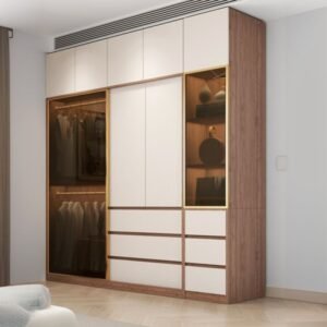 Refined Glass Sliding Door Wardrobe with Integrated LED Lighting – 79″ to 94.5″ Luxury Wooden Closet in 35 Elite Styles